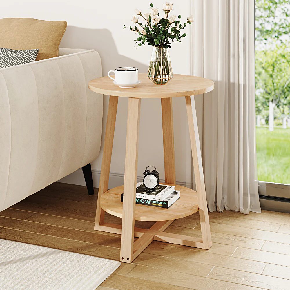 Livingandhome Round Side Table With Dual-Tier Storage - Image 2