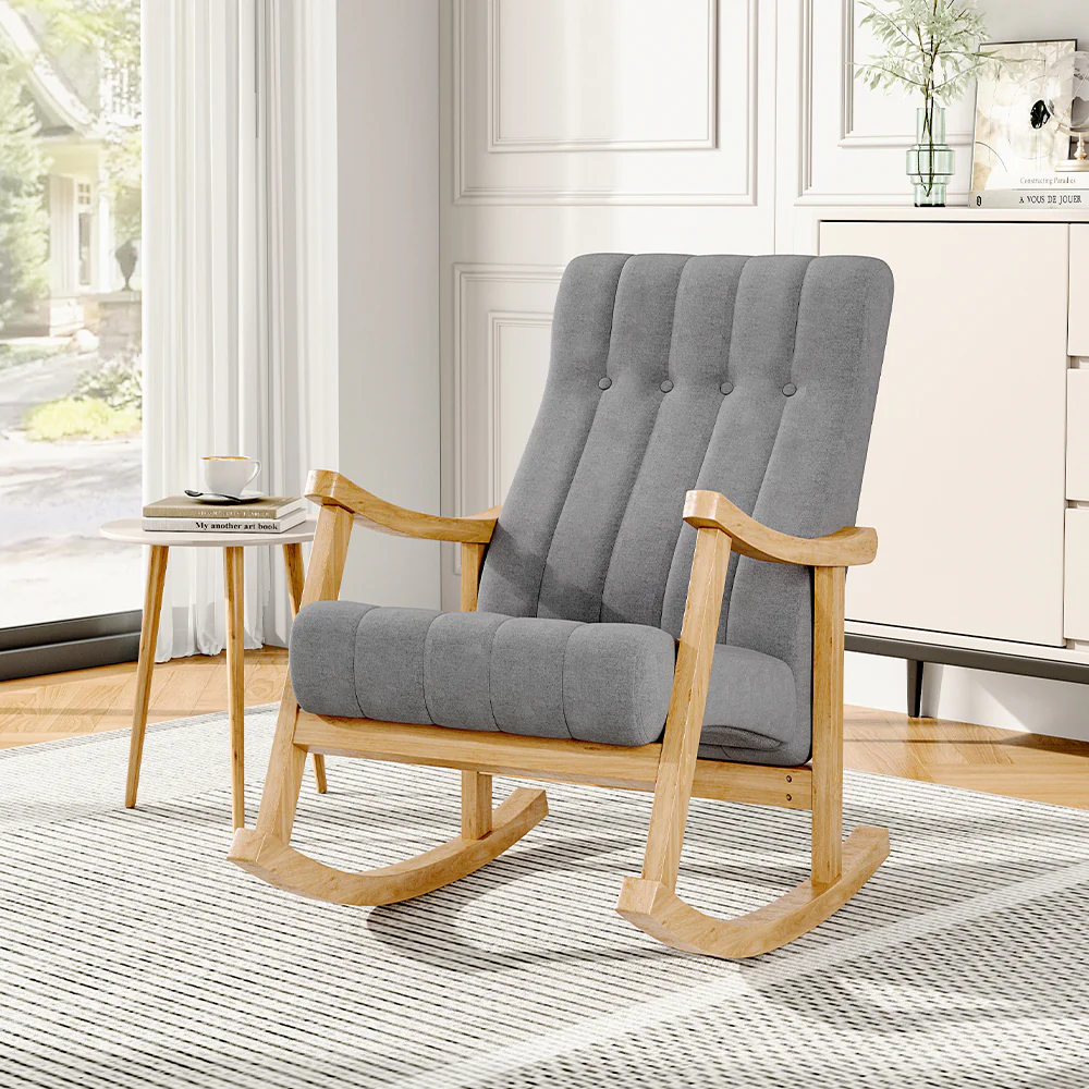 Livingandhome Rubberwood Frame Velvet Rocking Chair - Image 2