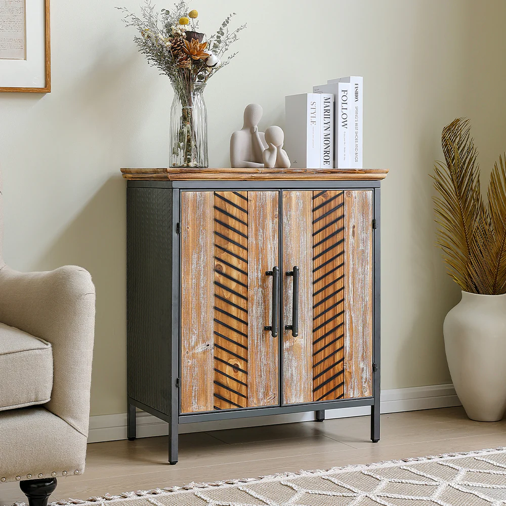 Livingandhome Rustic Wooden Cabinet with Interior Shelves