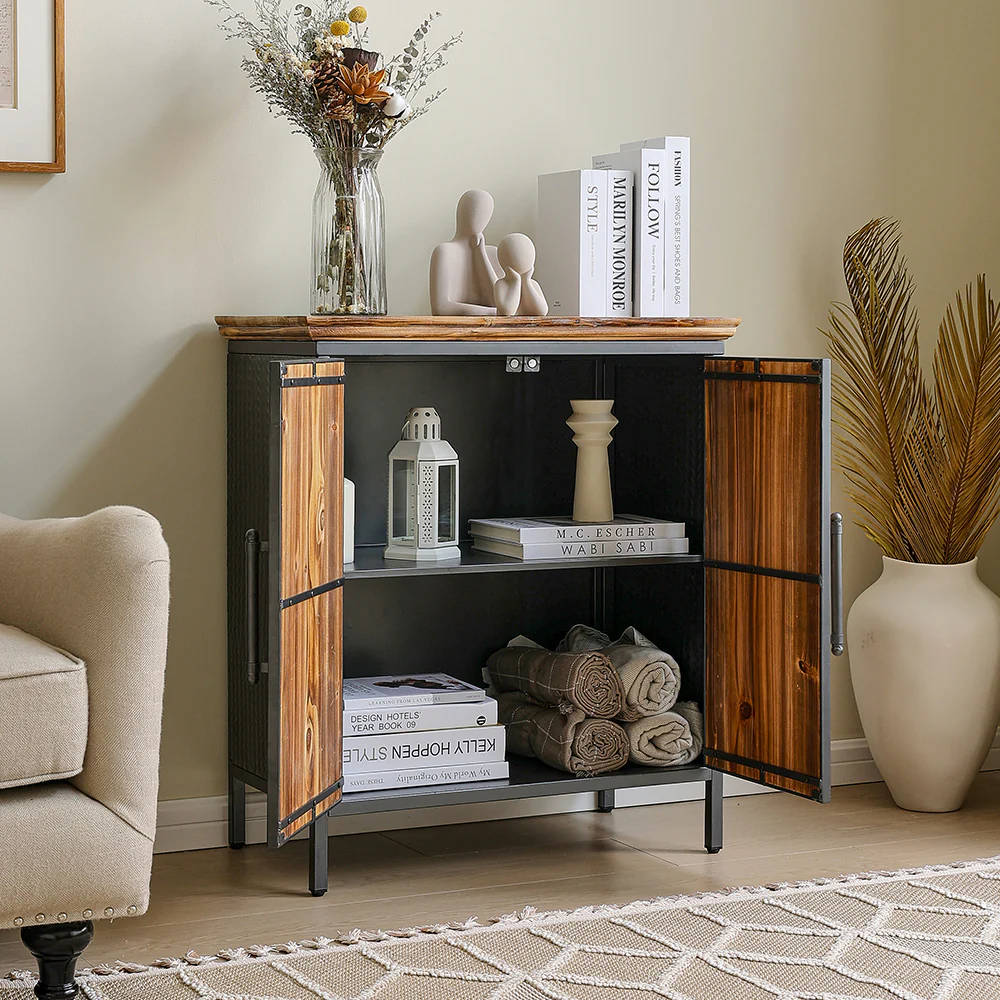 Livingandhome Rustic Wooden Cabinet with Interior Shelves - Image 2