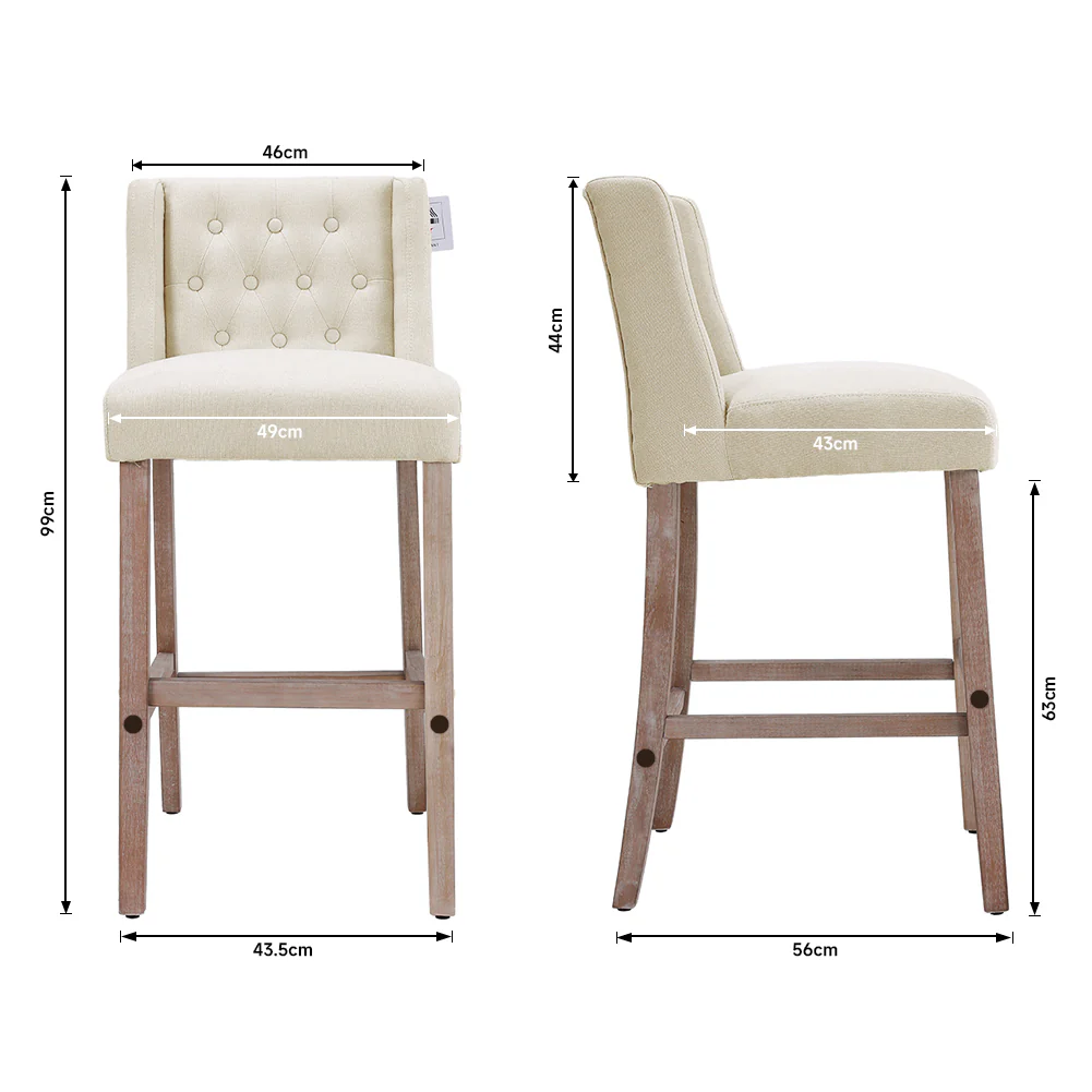 Livingandhome Set of 2 Linen Tufted Bar Stools with Wood Legs - Image 3