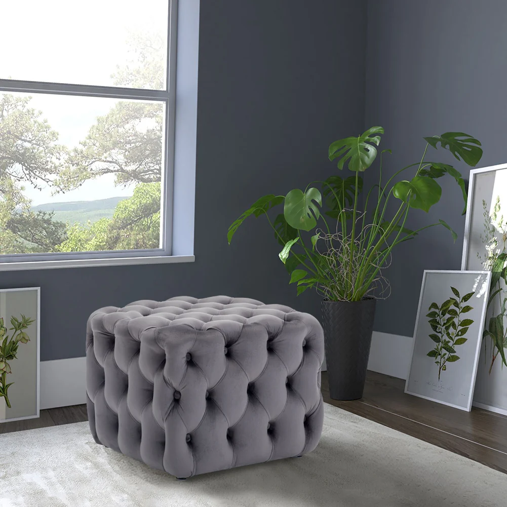 Livingandhome Square Velvet Upholstered Buttoned Footstool - Image 2