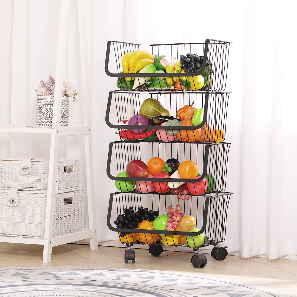 Livingandhome Stackable Rolling Metal Wire Basket Trolley Rack Fruit Vegetable Storage Holder For Kitchen