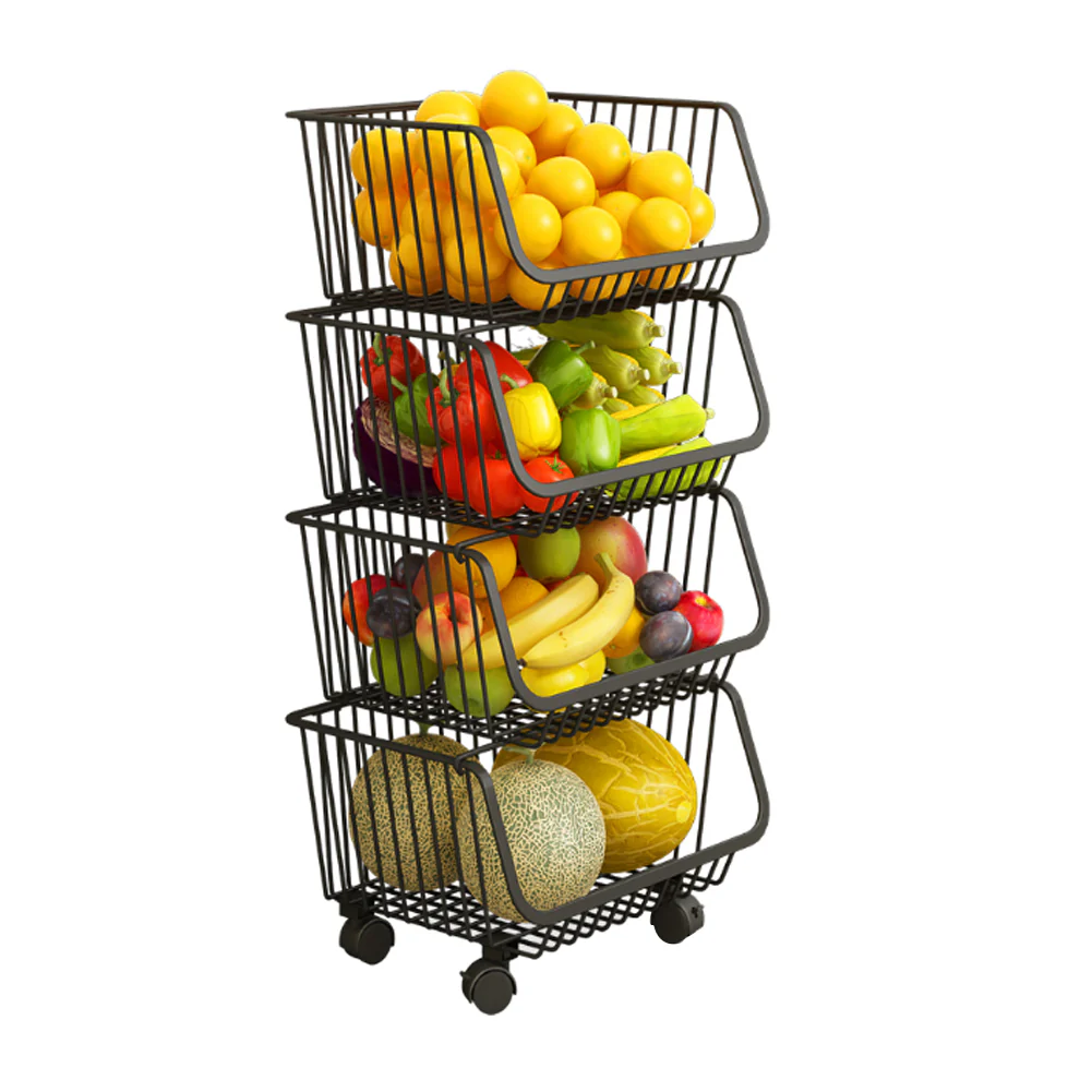 Livingandhome Stackable Rolling Metal Wire Basket Trolley Rack Fruit Vegetable Storage Holder For Kitchen - Image 3
