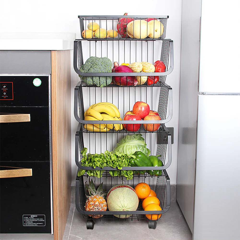 Livingandhome Stackable Rolling Metal Wire Basket Trolley Rack Fruit Vegetable Storage Holder for Kitchen - Image 5