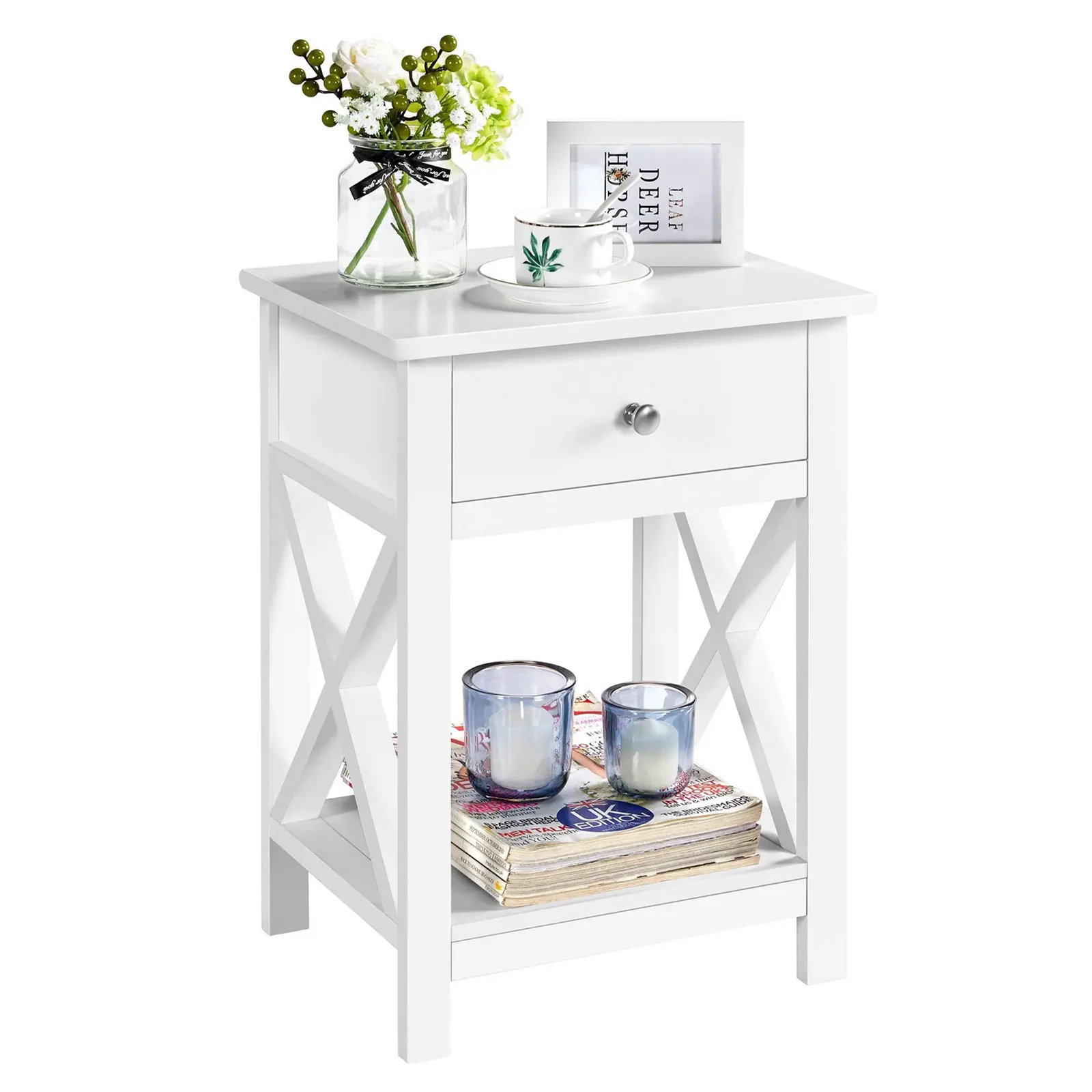 Livingandhome Stylish Bedside Table with X-Shaped Wooden Frame - Image 2
