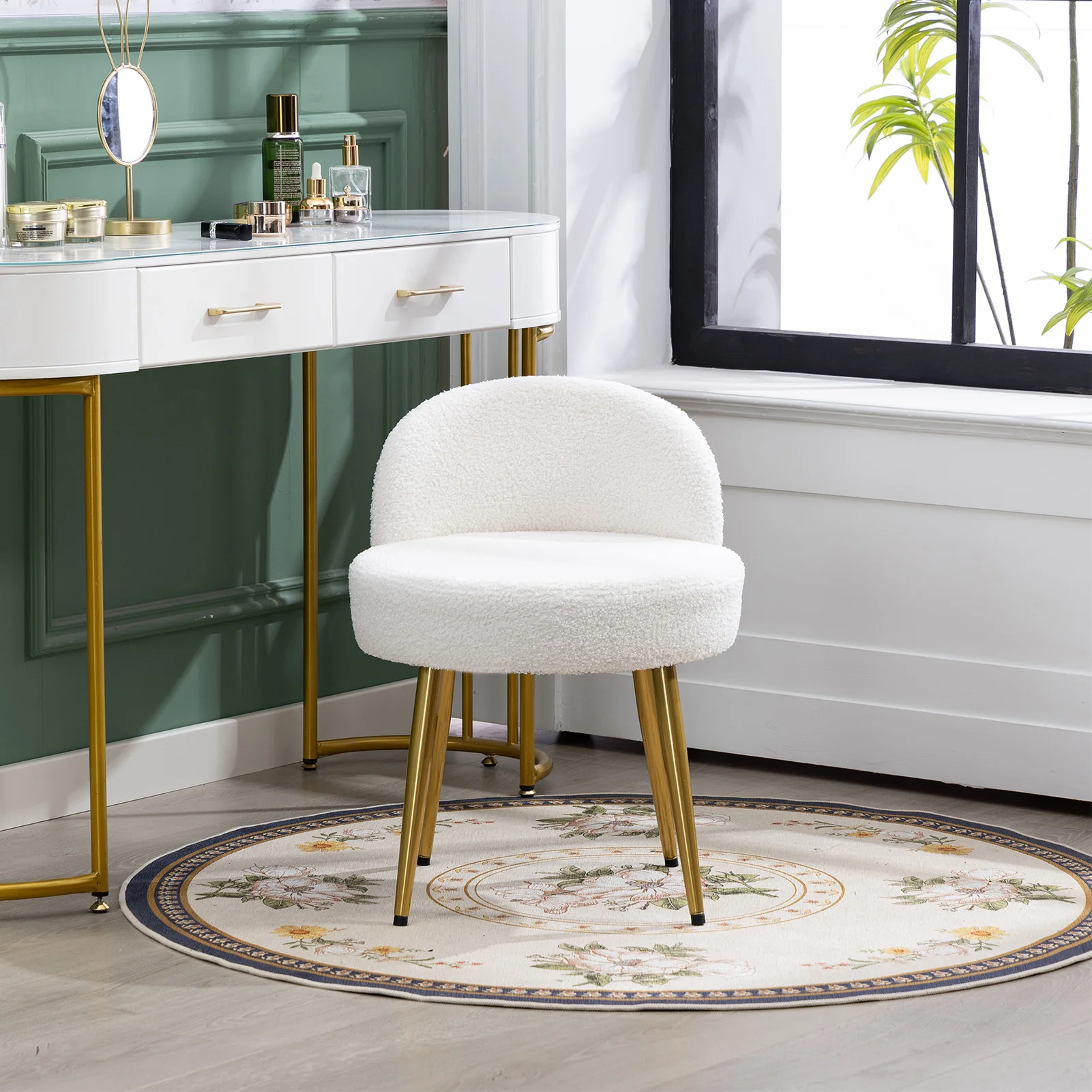 Livingandhome Teddy Fleece Dressing Table Stool with Iron Legs