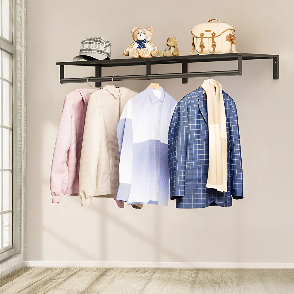 Livingandhome Wall Mounted Clothes Rack with Top Shelf - Image 2