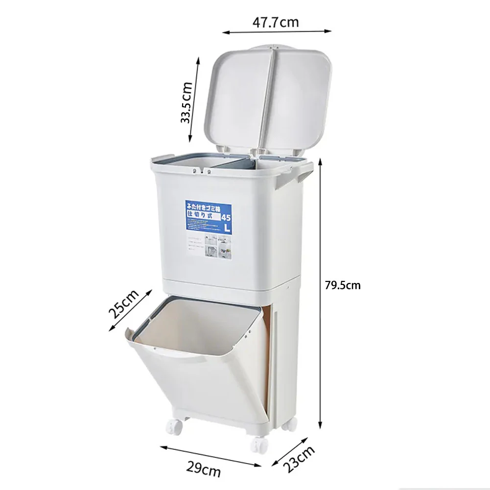 Livingandhome White Double-Layer Three-Compartment Trash Can with Wheels - Image 2