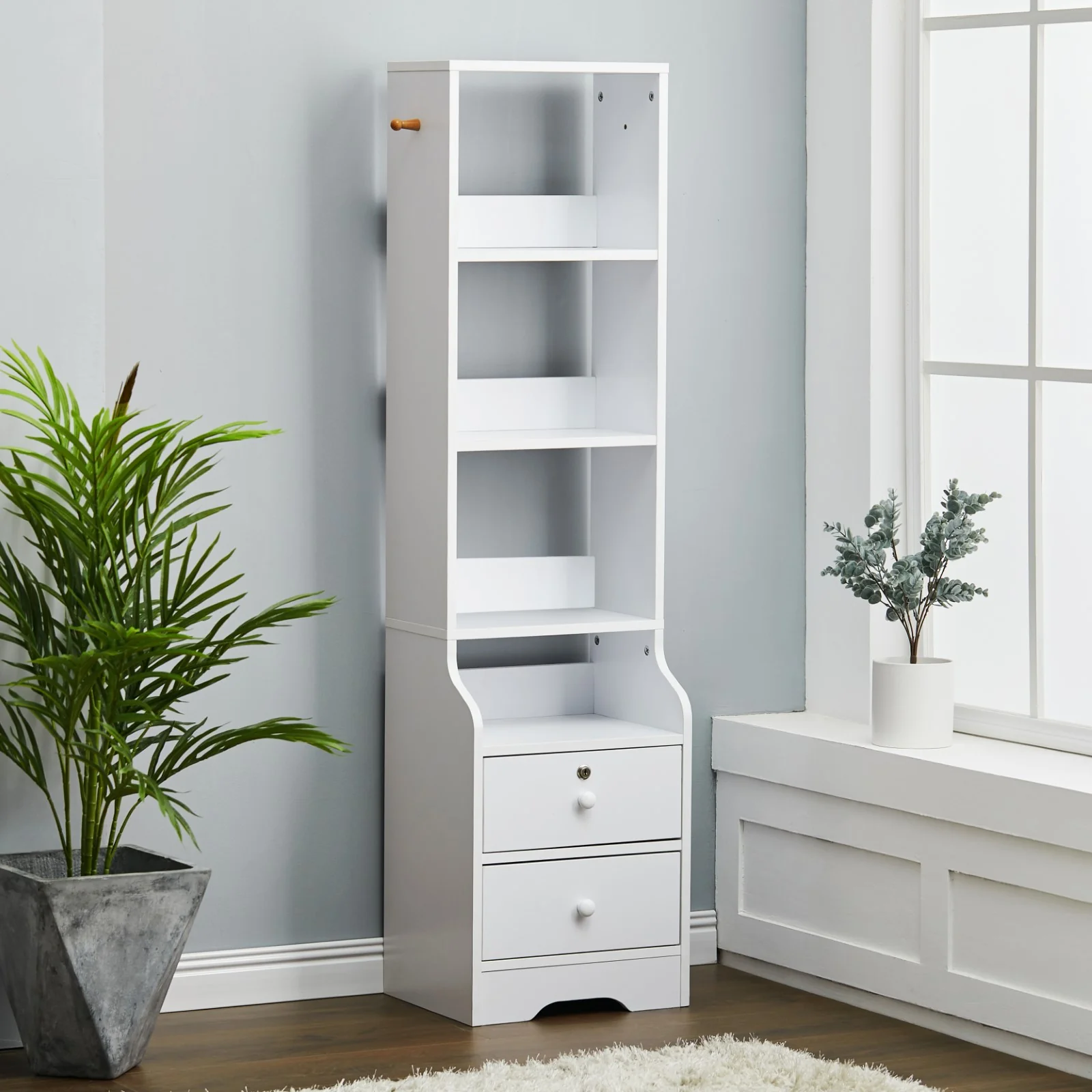 Livingandhome White Slim Storage Shelving Unit With Lockable Drawer