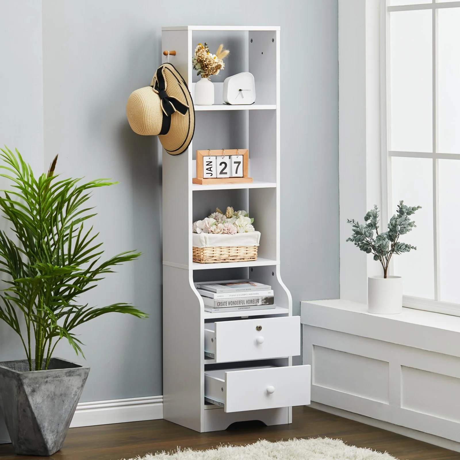 Livingandhome White Slim Storage Shelving Unit With Lockable Drawer - Image 2