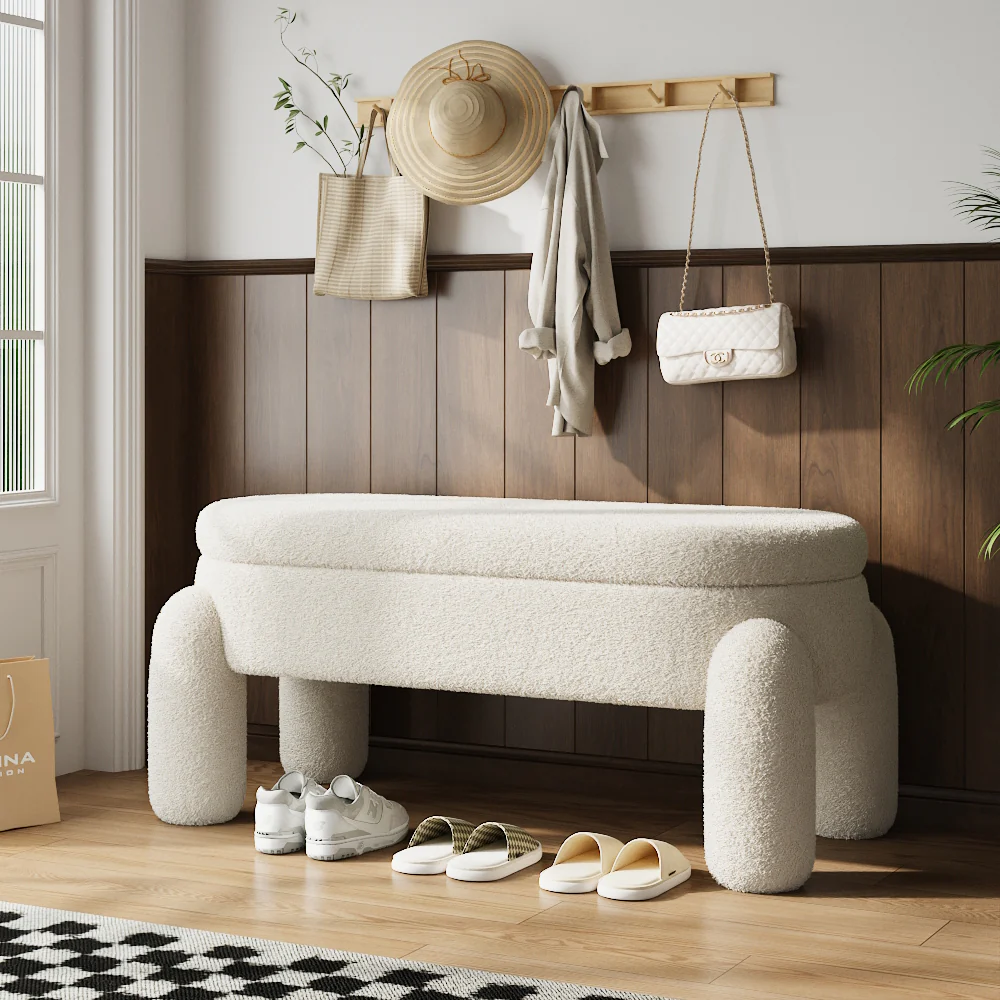 Livingandhome White Storage Bench with Soft Cushion
