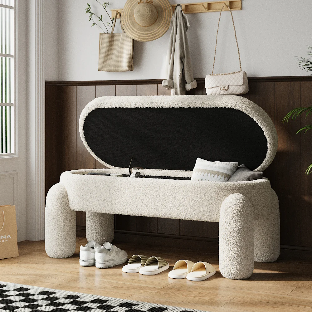 Livingandhome White Storage Bench with Soft Cushion - Image 2