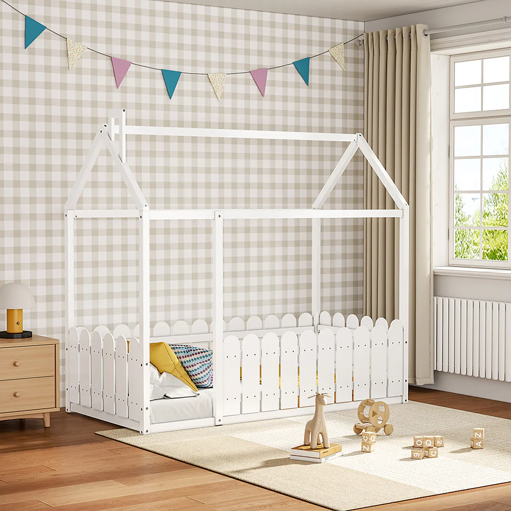 Livingandhome White Wooden Toddler Bed With Roof Frame