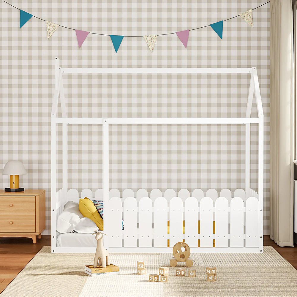 Livingandhome White Wooden Toddler Bed With Roof Frame - Image 2