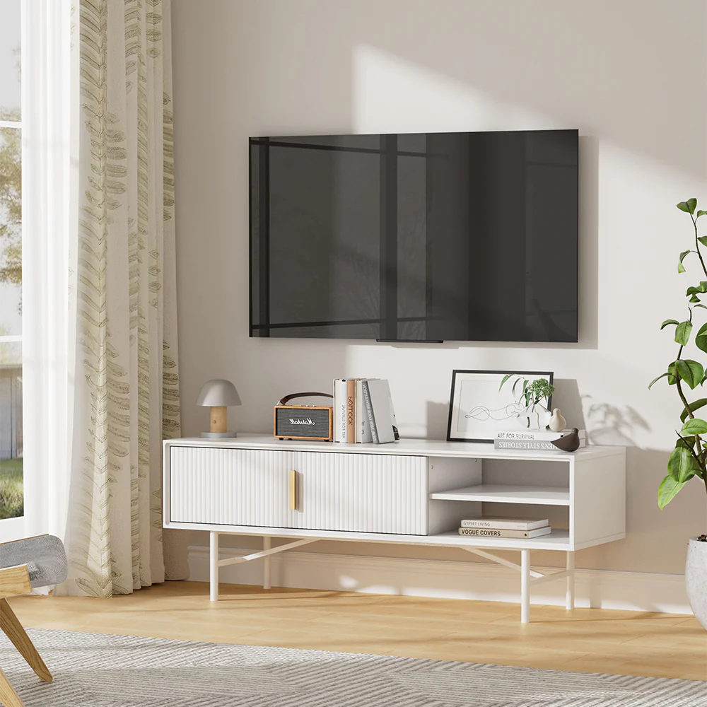 Livingandhome White Wooden TV Unit With Cabinets