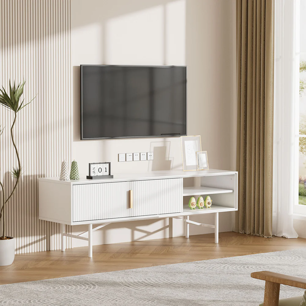 Livingandhome White Wooden TV Unit With Cabinets - Image 2