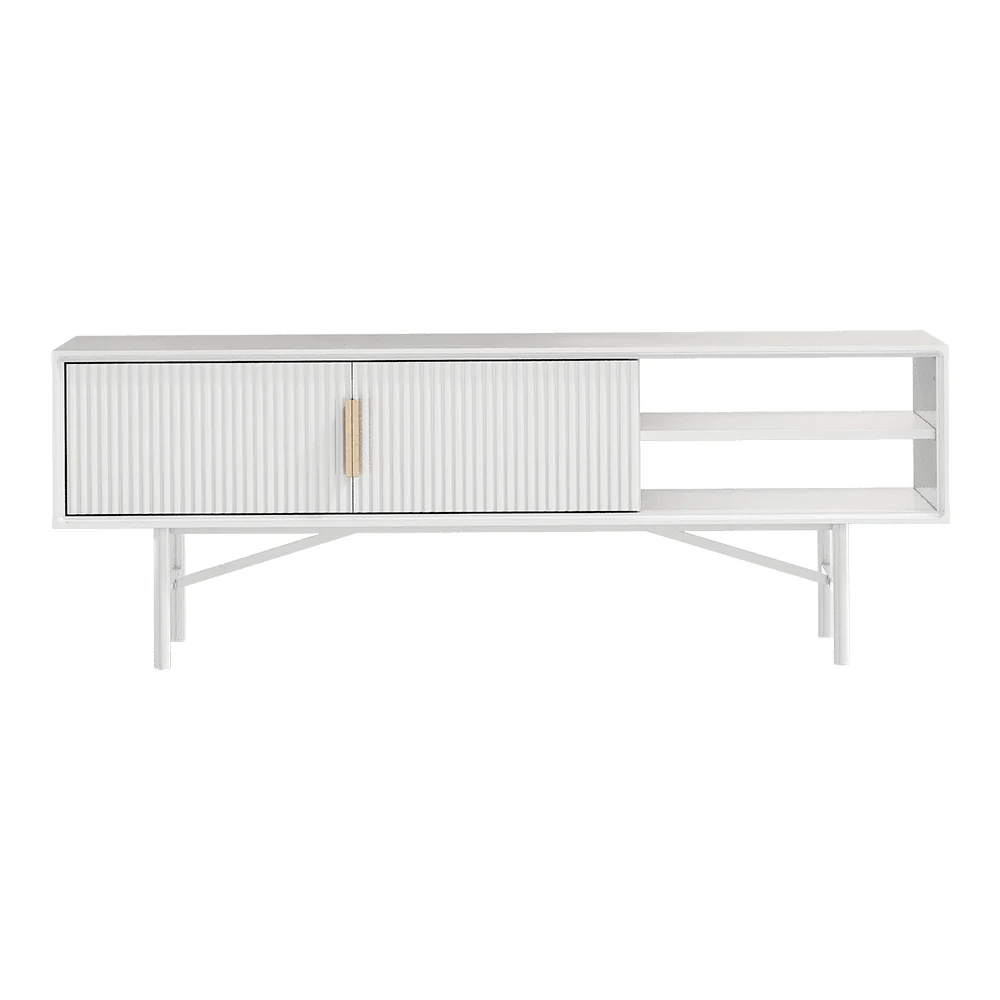 Livingandhome White Wooden TV Unit With Cabinets - Image 4