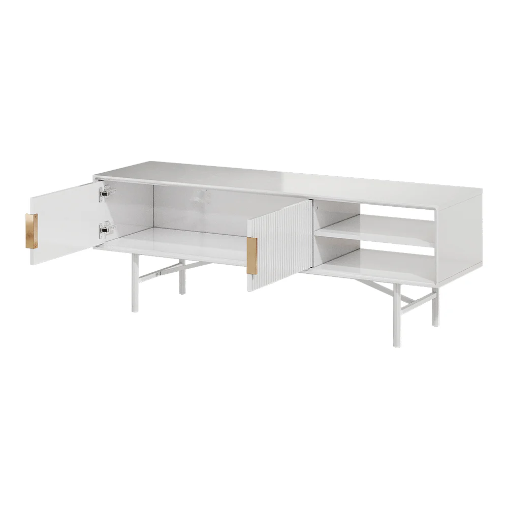 Livingandhome White Wooden TV Unit With Cabinets - Image 5