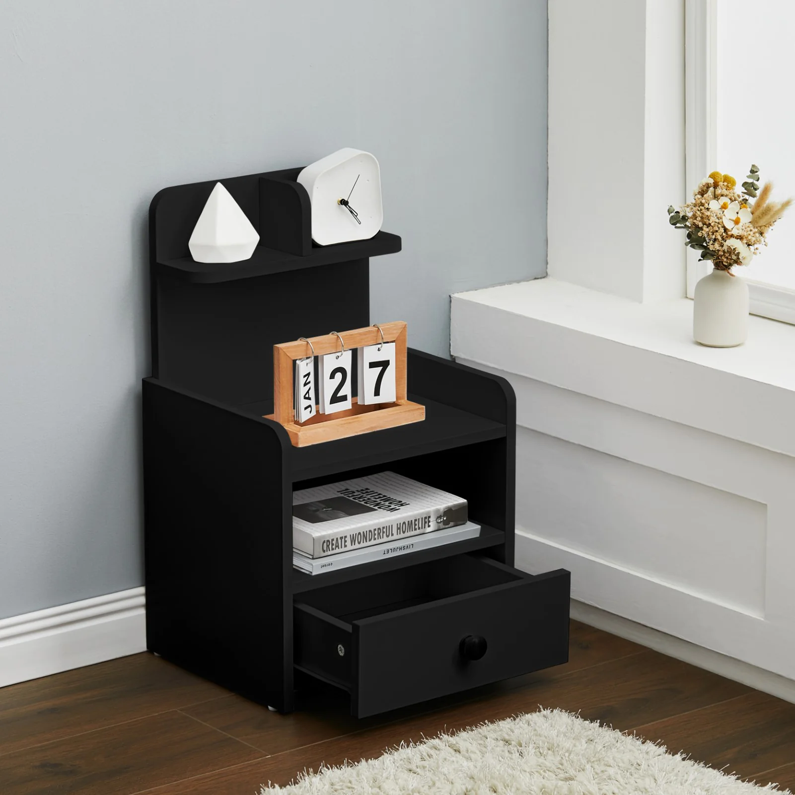 Livingandhome Wooden 1-Drawer Bedside Table Nightstand with a Shelf - Image 2