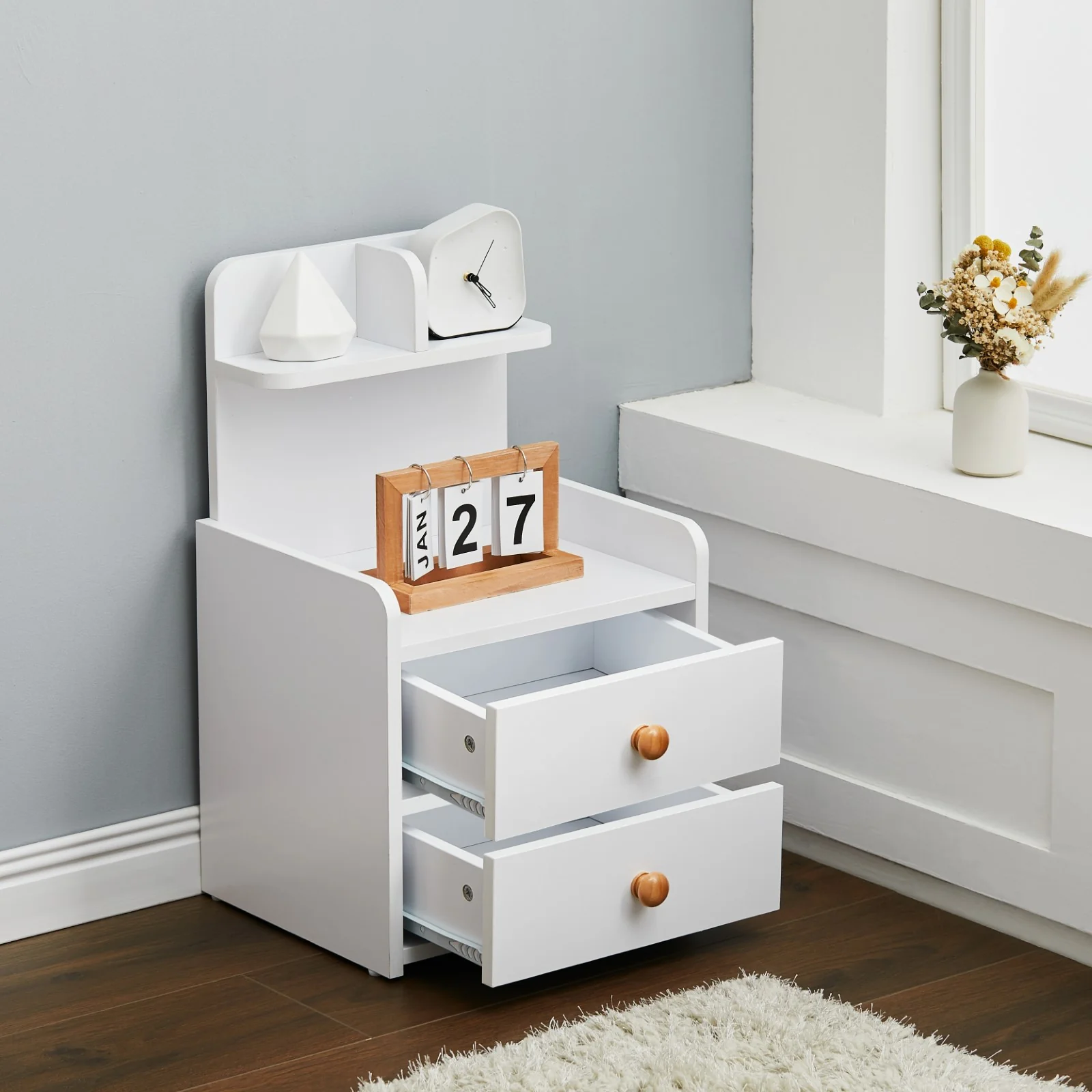 Livingandhome Wooden 2-Drawers Bedside Table Nightstand with a Shelf - Image 2