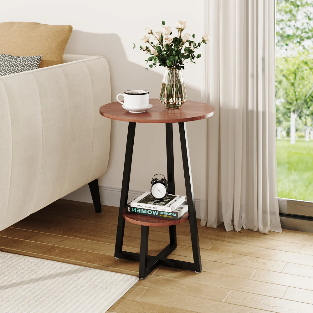 Livingandhome Wooden Round Side Table with Steel Frame - Image 2