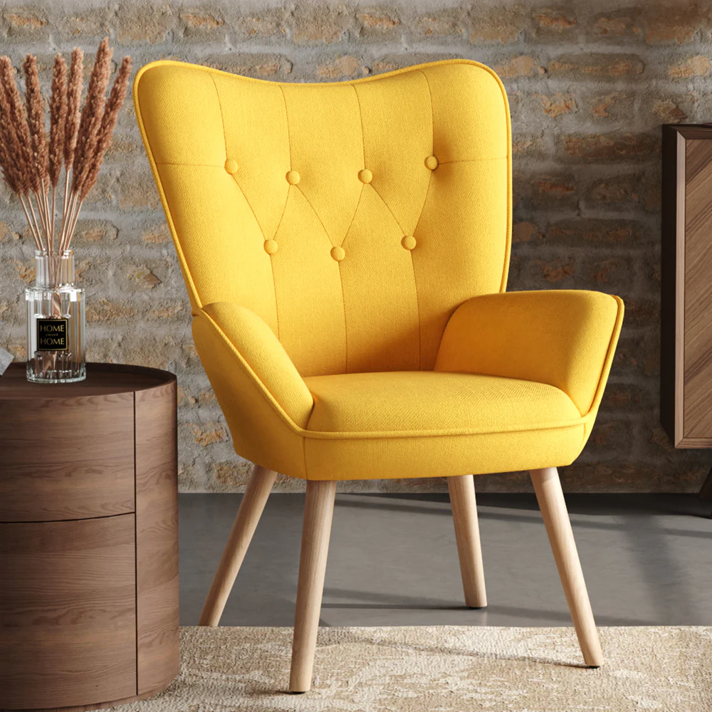 Livingandhome Yellow Linen Accent Armchair With Tufted Back
