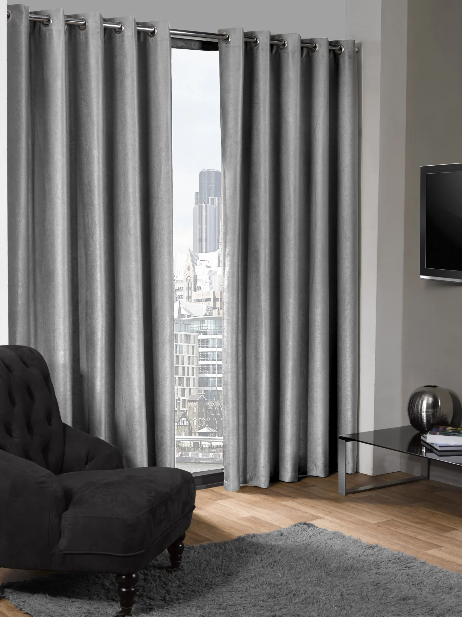 Logan - Textured Woven Blackout Eyelet Curtains in Silver