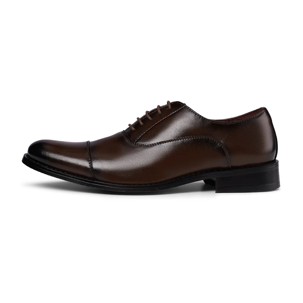 Low-Top Lace-Up Leather Dress Shoes With Pointed Toe - Brown - Image 3
