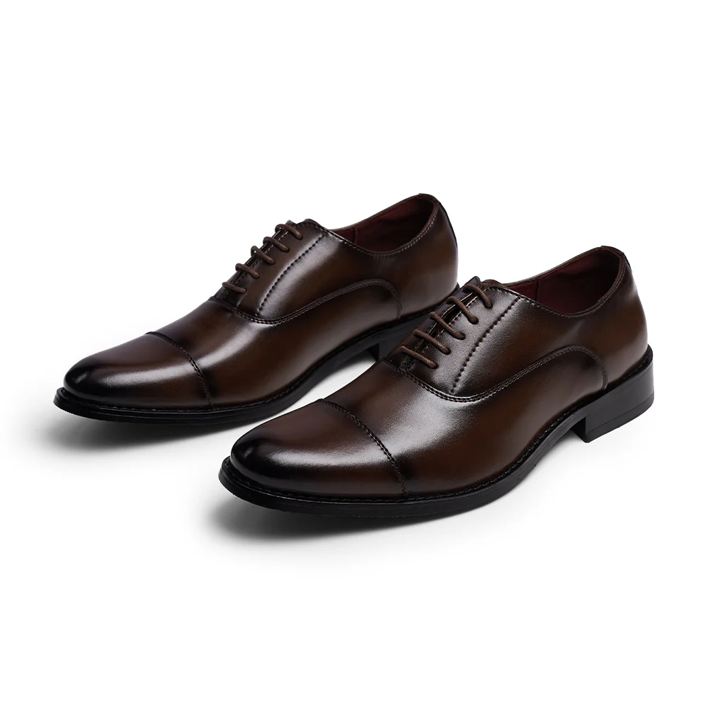 Low-Top Lace-Up Leather Dress Shoes With Pointed Toe - Brown - Image 4
