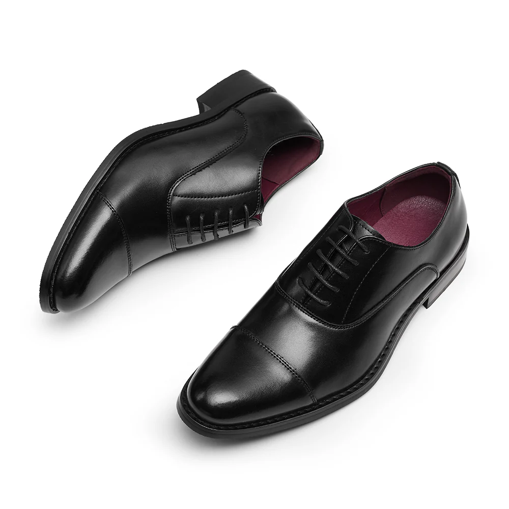Low-Top Lace-Up Leather Dress Shoes With Pointed Toe - Black - Image 5