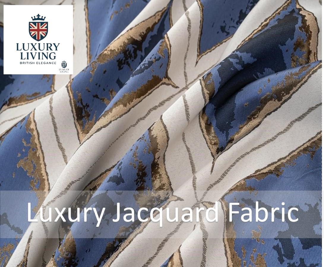 Luxury Diamond Jacquard Fully Lined Ring Top Curtains with Metallic Thread Blue/Gold - Image 2
