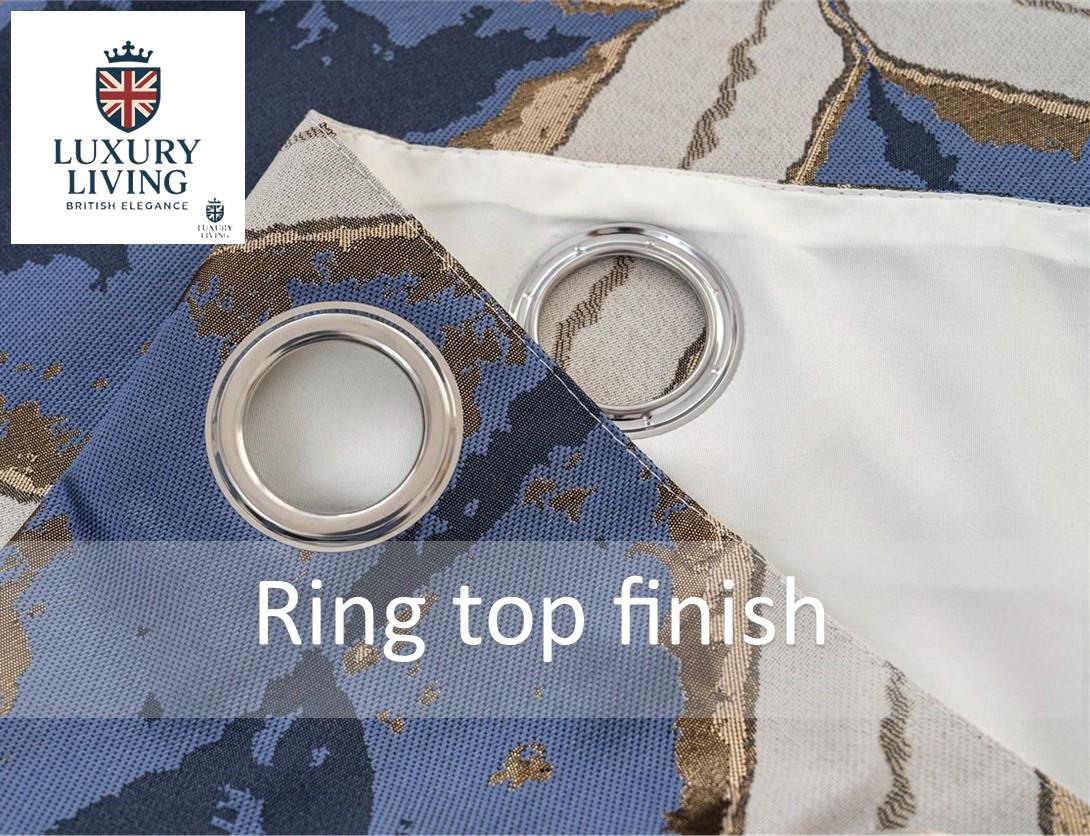 Luxury Diamond Jacquard Fully Lined Ring Top Curtains with Metallic Thread Blue/Gold - Image 6