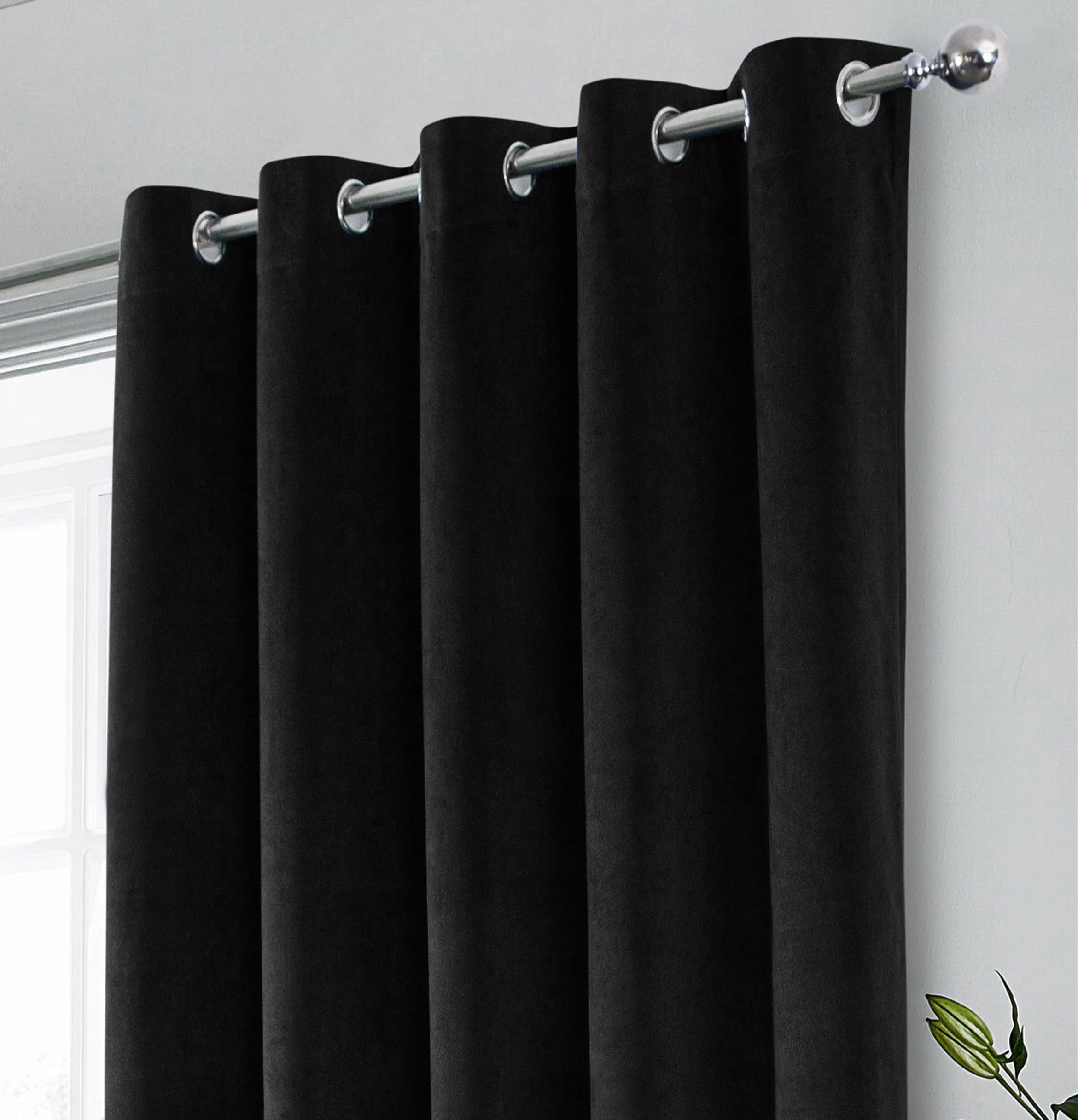 Luxury Enhanced Living Black Velvet, Supersoft, 100% out, Thermal Pair of Curtains with Eyelet Top - Image 3