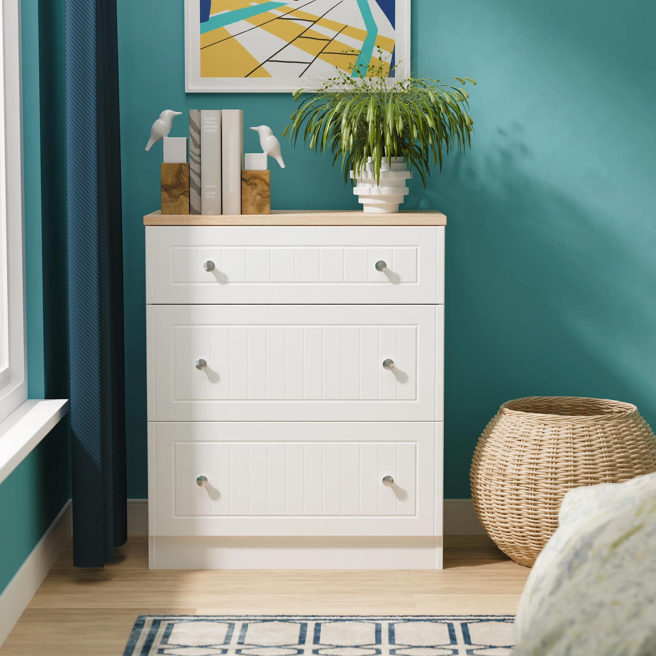 Lynton Ready Assembled 3 Drawer Deep Chest In Porcelain Ash & Bardolino Oak
