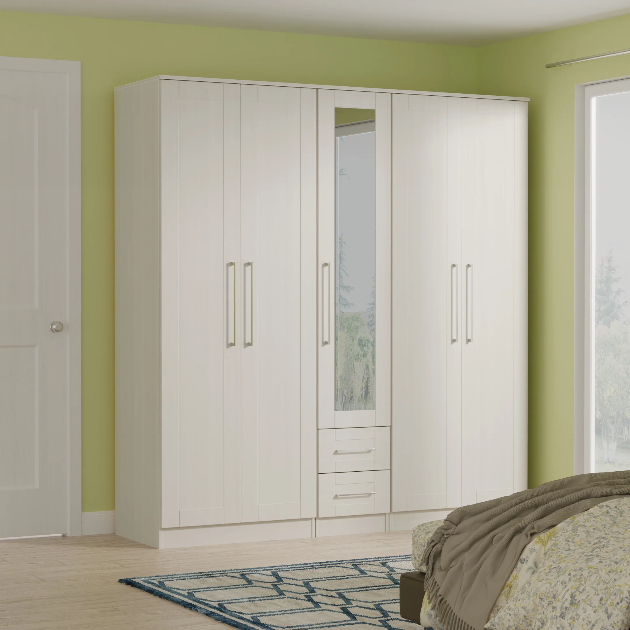 Malton Ready Assembled Tall 5 Door 2 Drawer 1 Mirror Wardrobe in Grey Ash