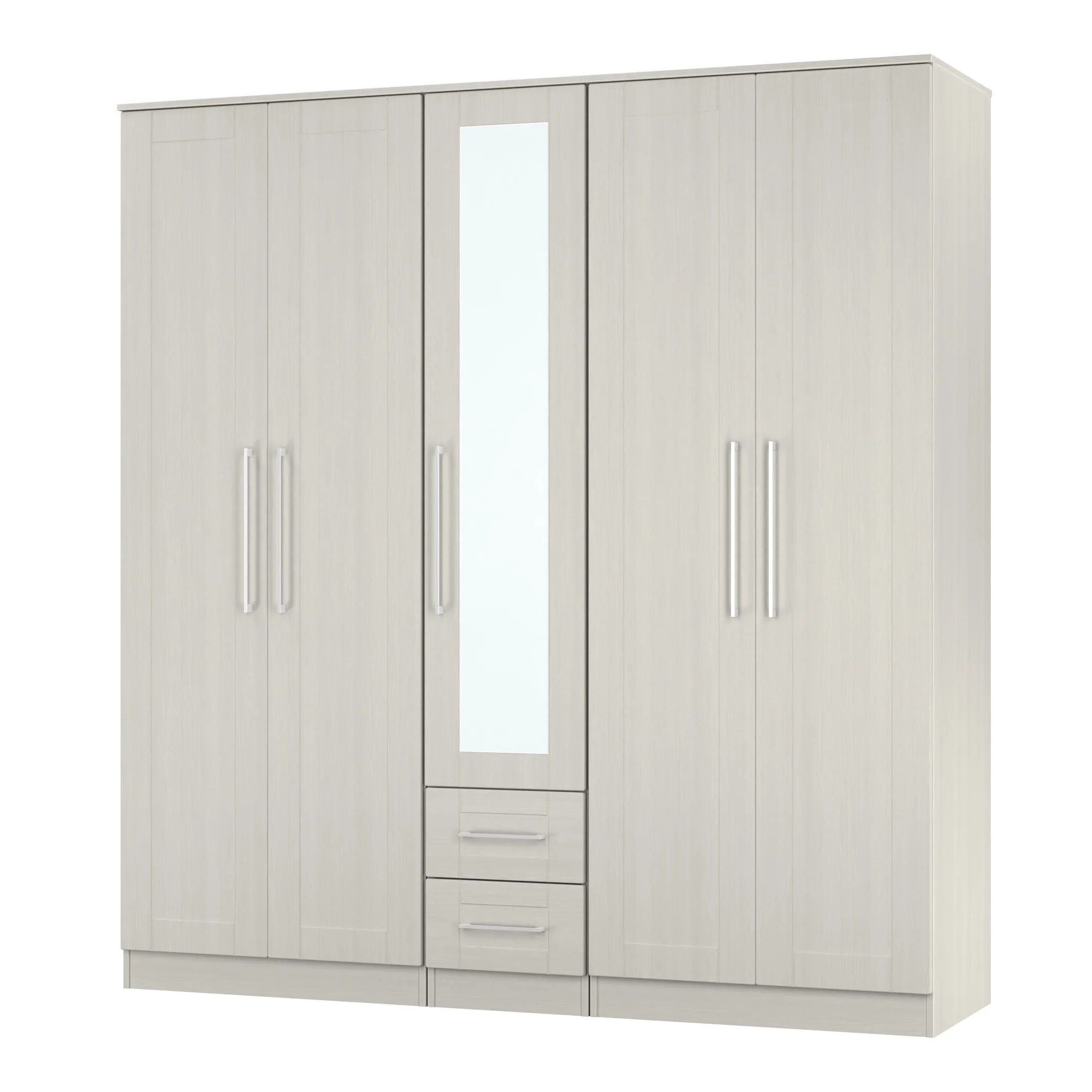 Malton Ready Assembled Tall 5 Door 2 Drawer 1 Mirror Wardrobe in Grey Ash - Image 4