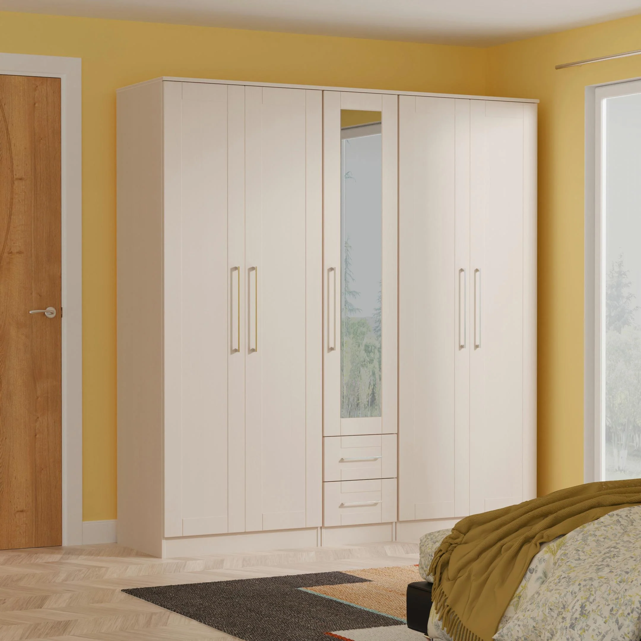Malton Ready Assembled Tall 5 Door 2 Drawer 1 Mirror Wardrobe in Kashmir Ash