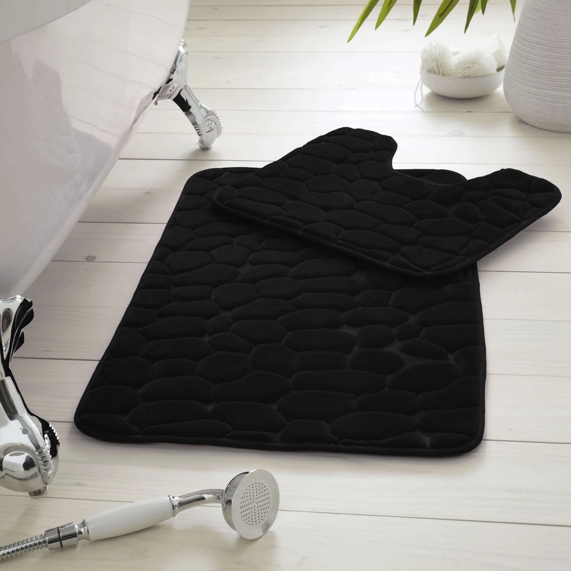 Memory Foam Pebble 2 Piece Bathroom Mat Set - Black