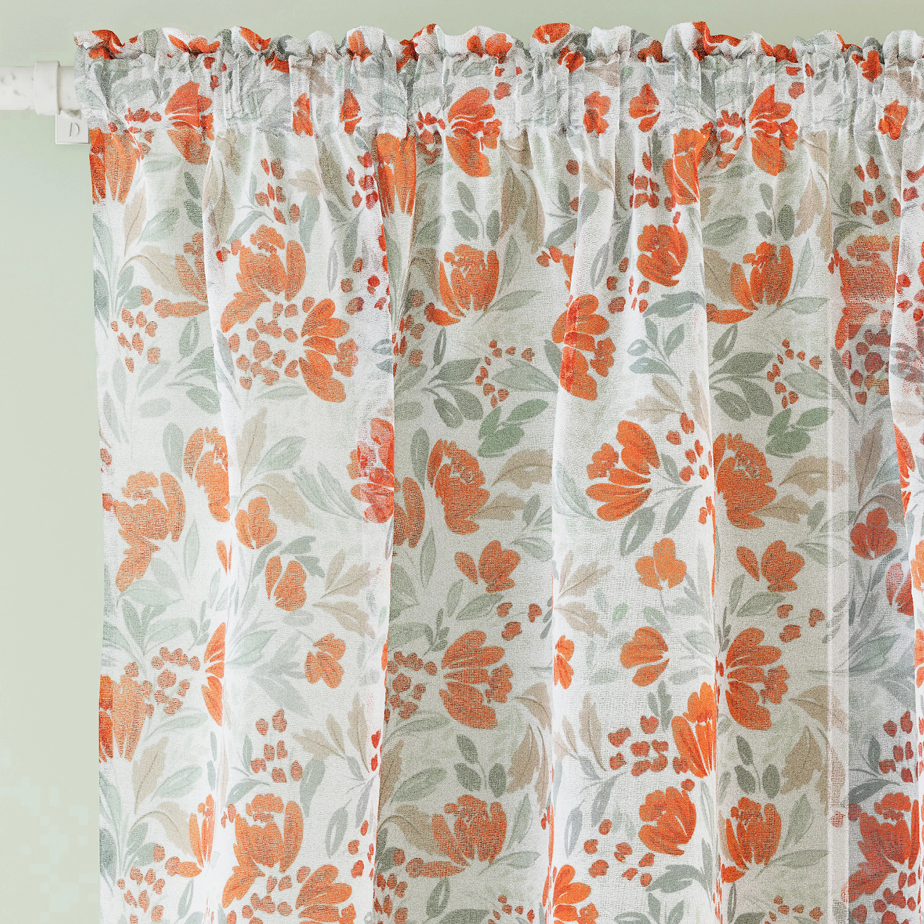 Mia Burnt Orange Floral Print Sheer Voile Panels - Pair - Image 2