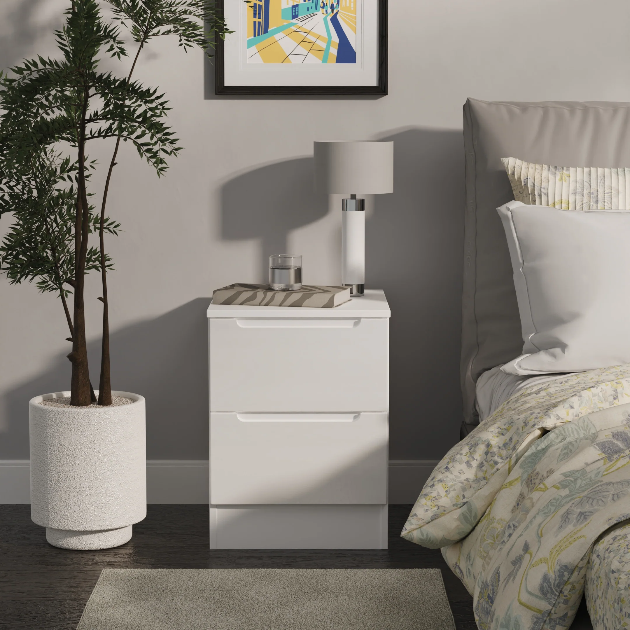 Milan 2 Drawer Bedside in White Gloss & White - Ready Assembled