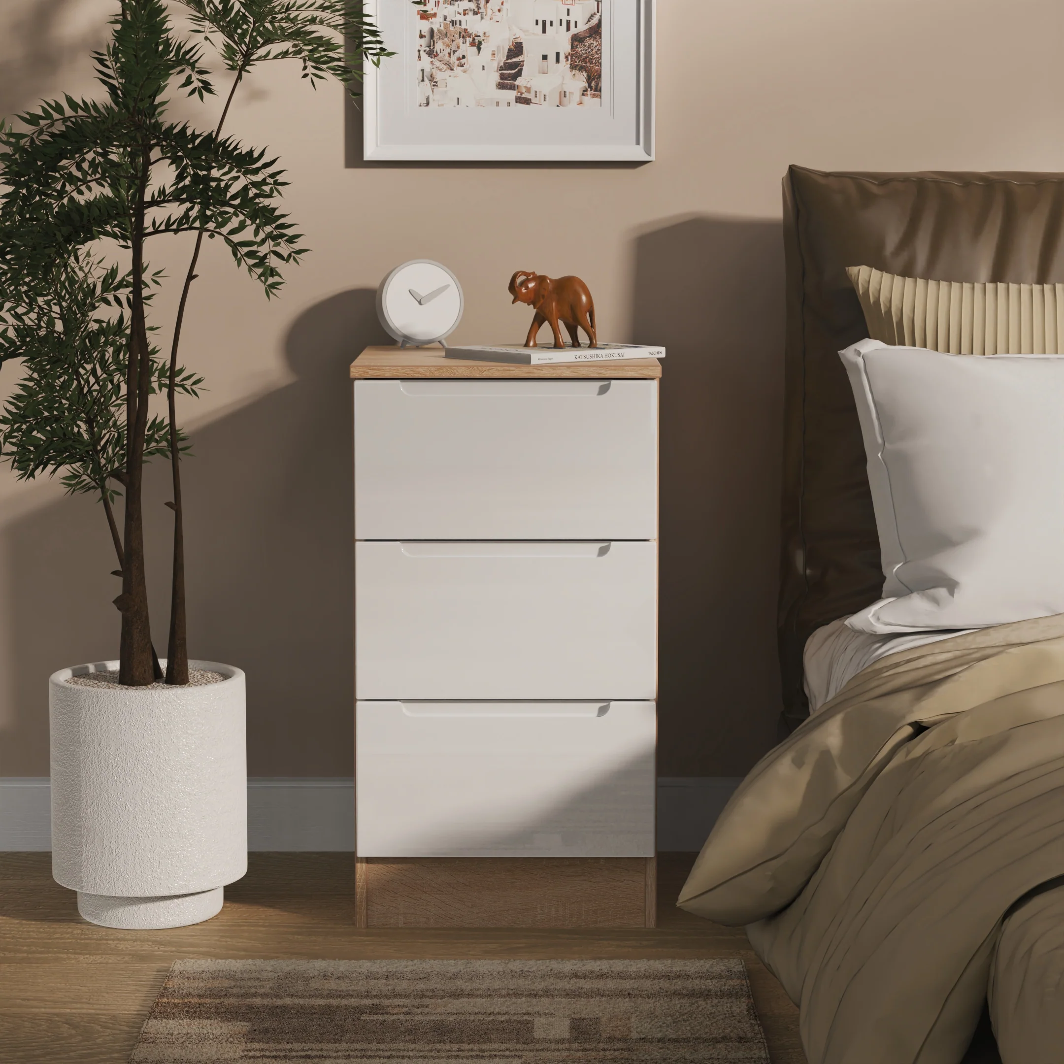 Milan 3 Drawer Bedside in White Gloss & Bardolino Oak - Ready Assembled