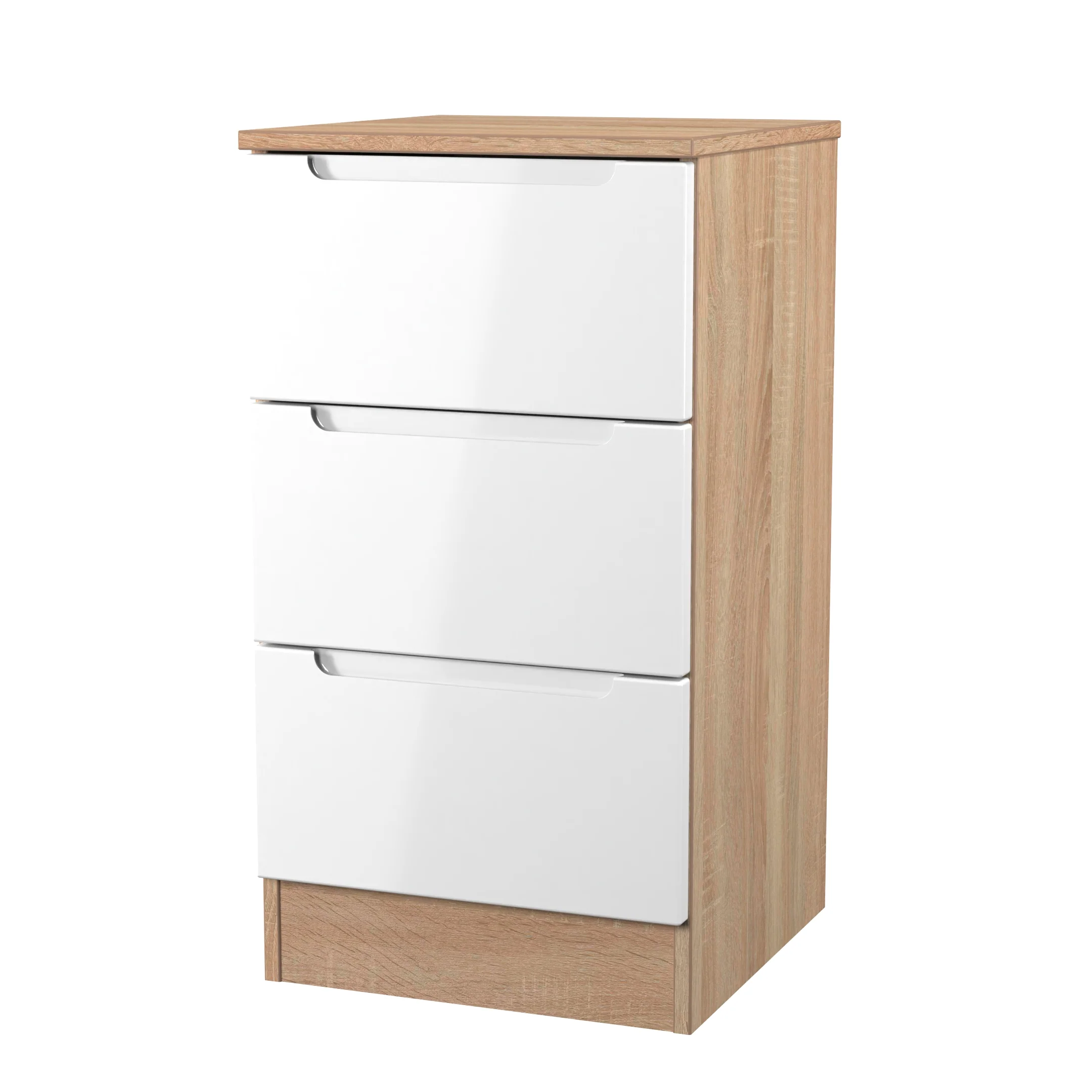 Milan 3 Drawer Bedside in White Gloss & Bardolino Oak - Ready Assembled - Image 4