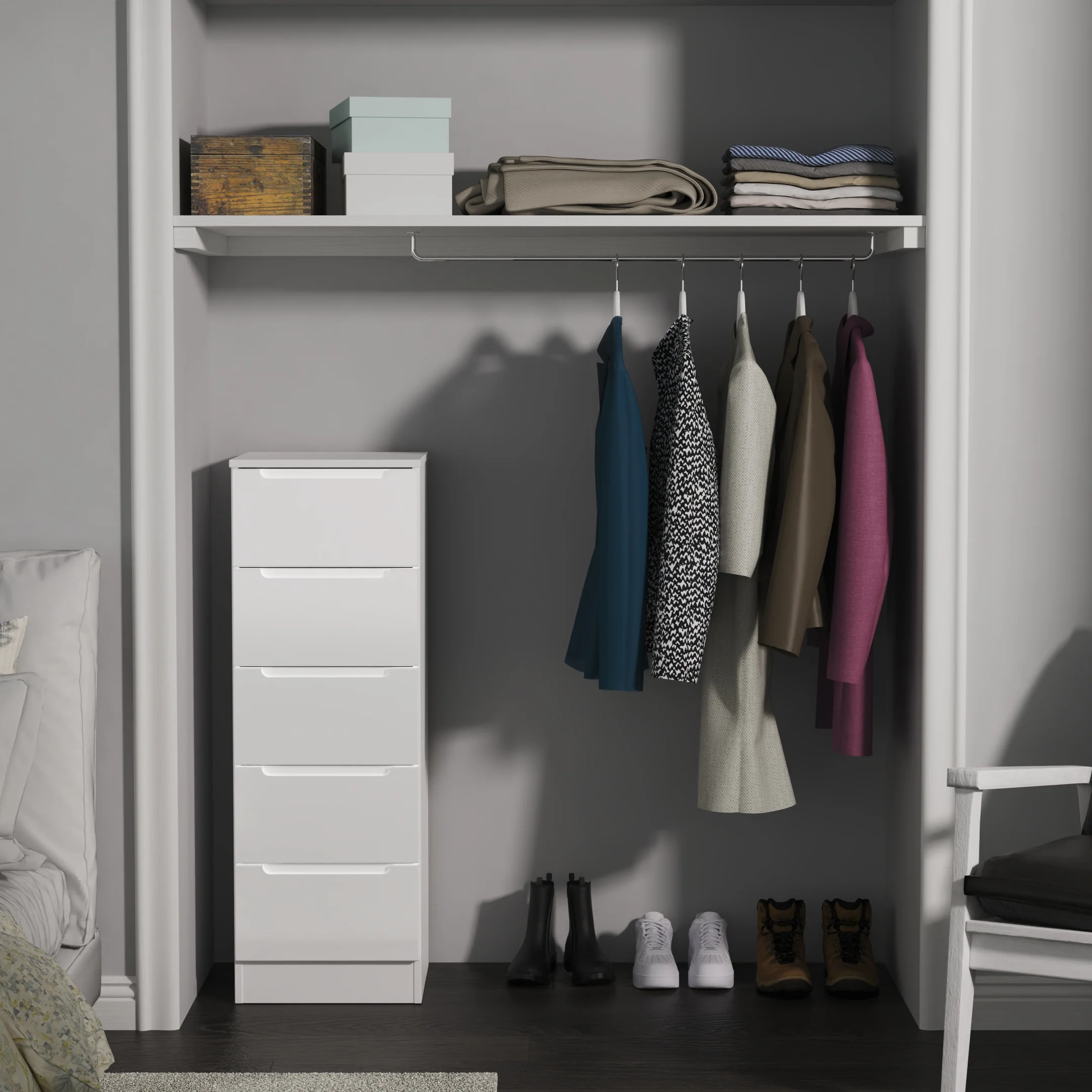 Milan 5 Drawer Bedside in White Gloss & White - Ready Assembled