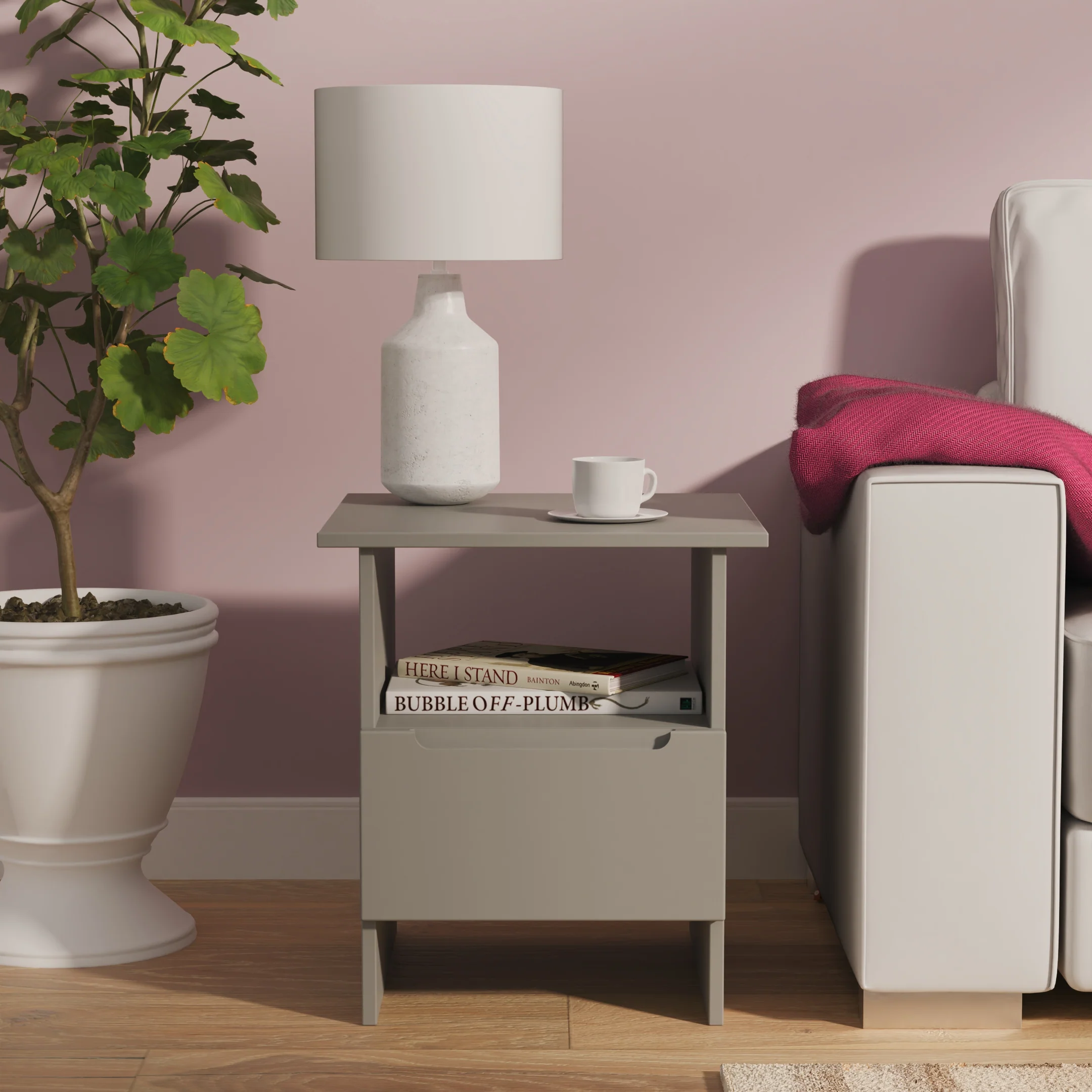 Milan Bottom Drawer Lamp Table in Dusk Grey - Ready Assembled