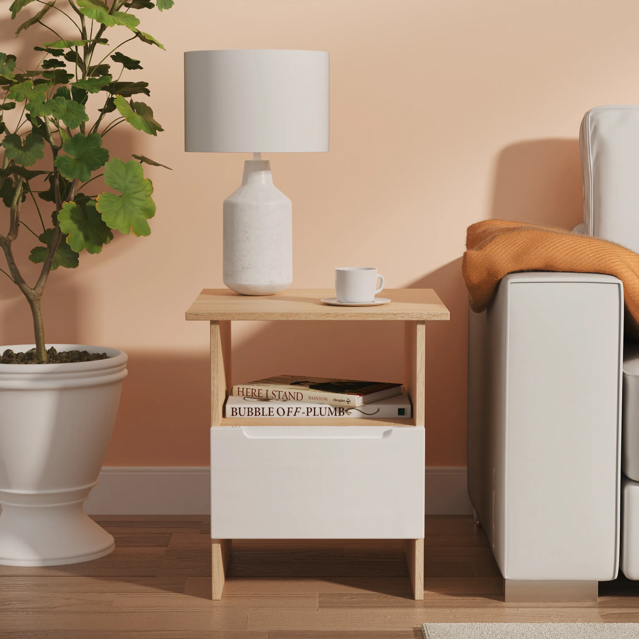 Milan Bottom Drawer Lamp Table in White Gloss & Bardolino Oak - Ready Assembled