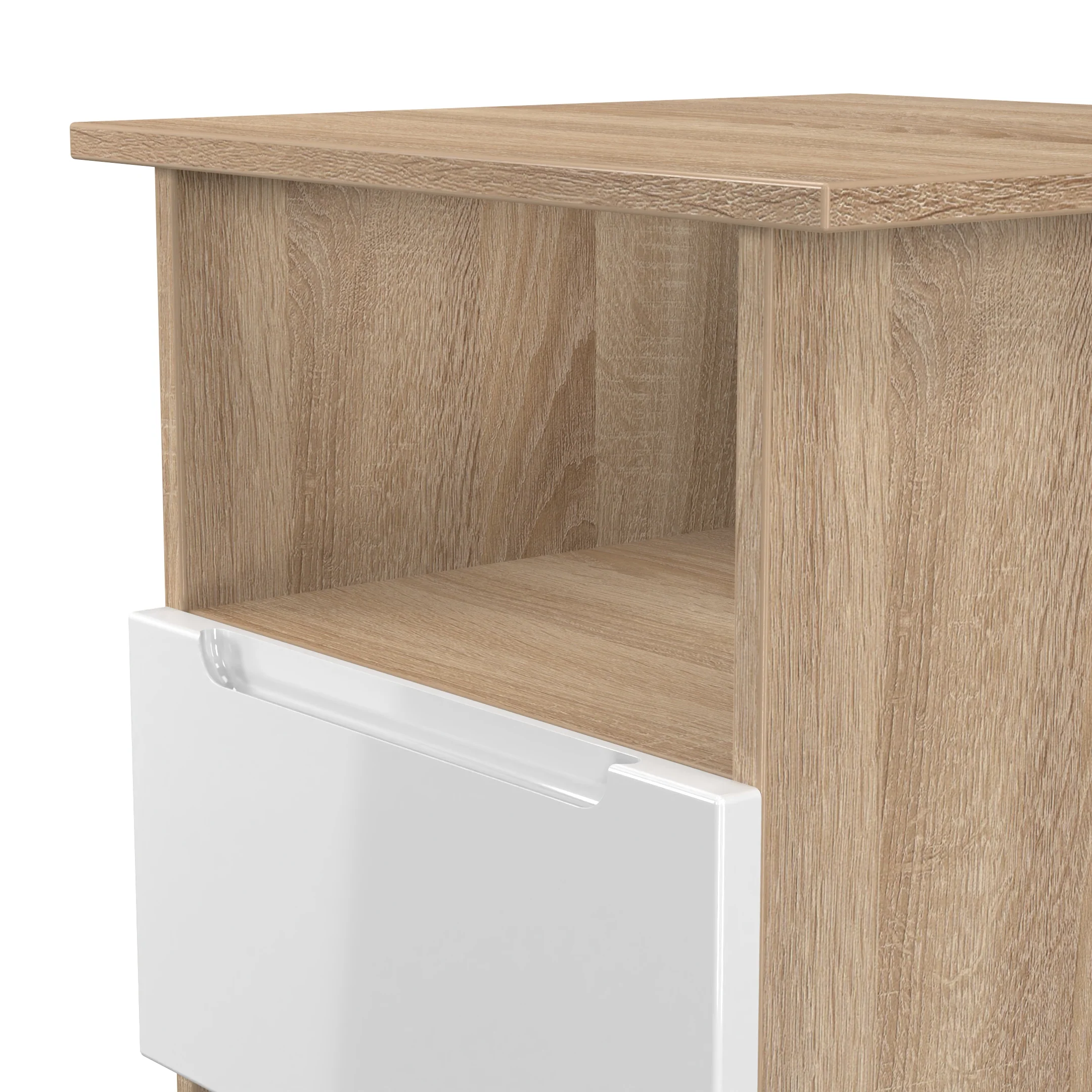 Milan Bottom Drawer Lamp Table in White Gloss & Bardolino Oak - Ready Assembled - Image 5
