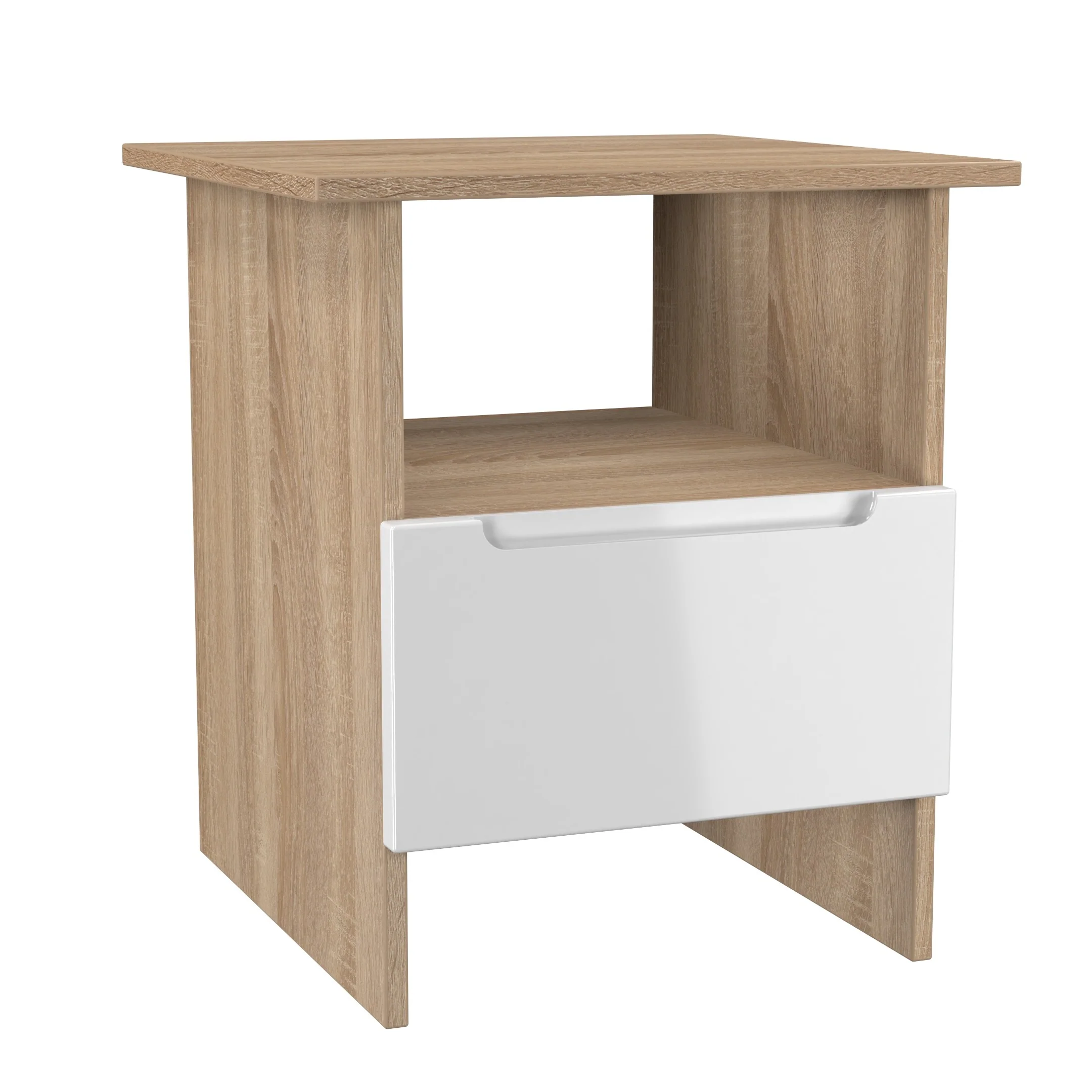 Milan Bottom Drawer Lamp Table in White Gloss & Bardolino Oak - Ready Assembled - Image 7