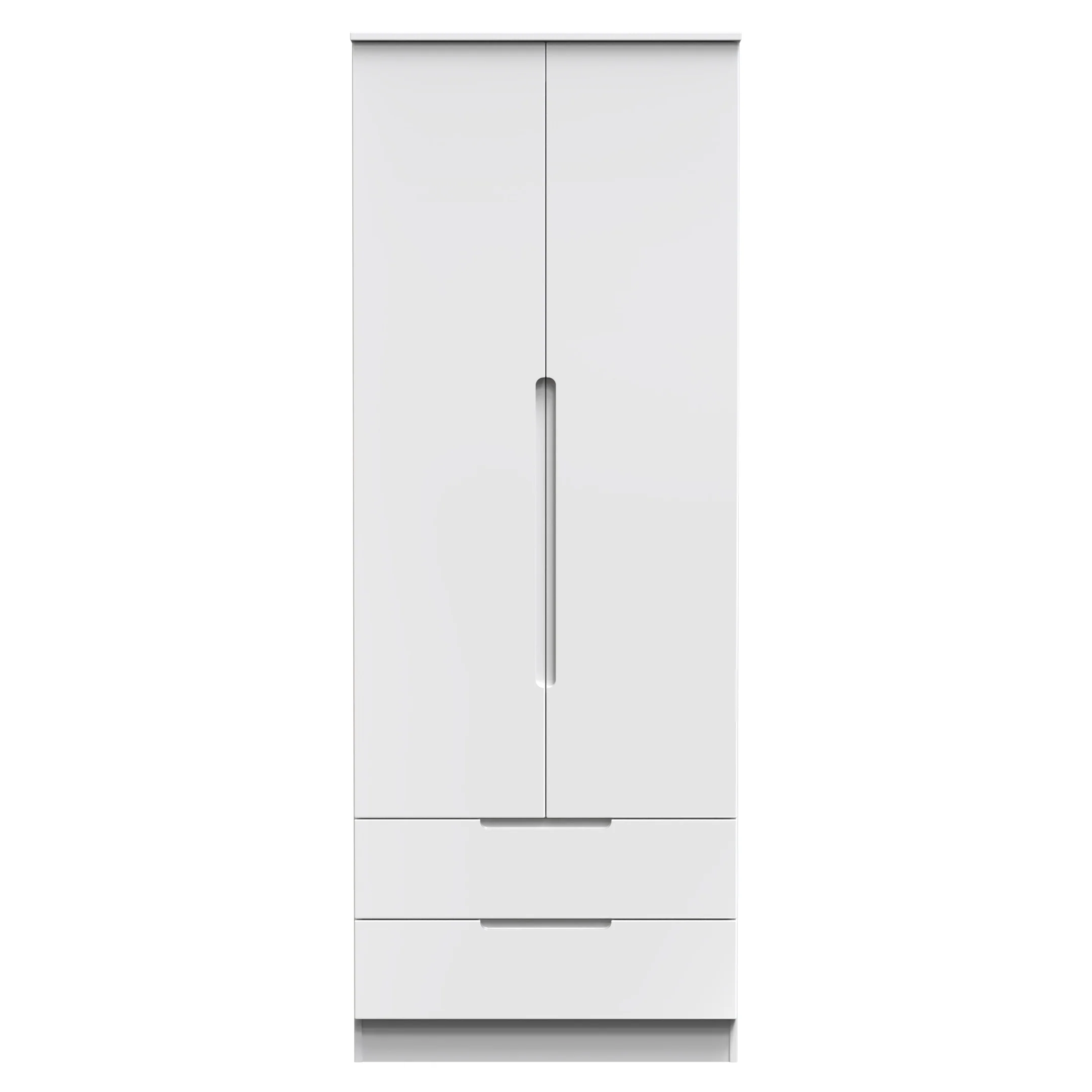 Milan Tall 2 Drawer Double Wardrobe in White Gloss & White - Ready Assembled - Image 2
