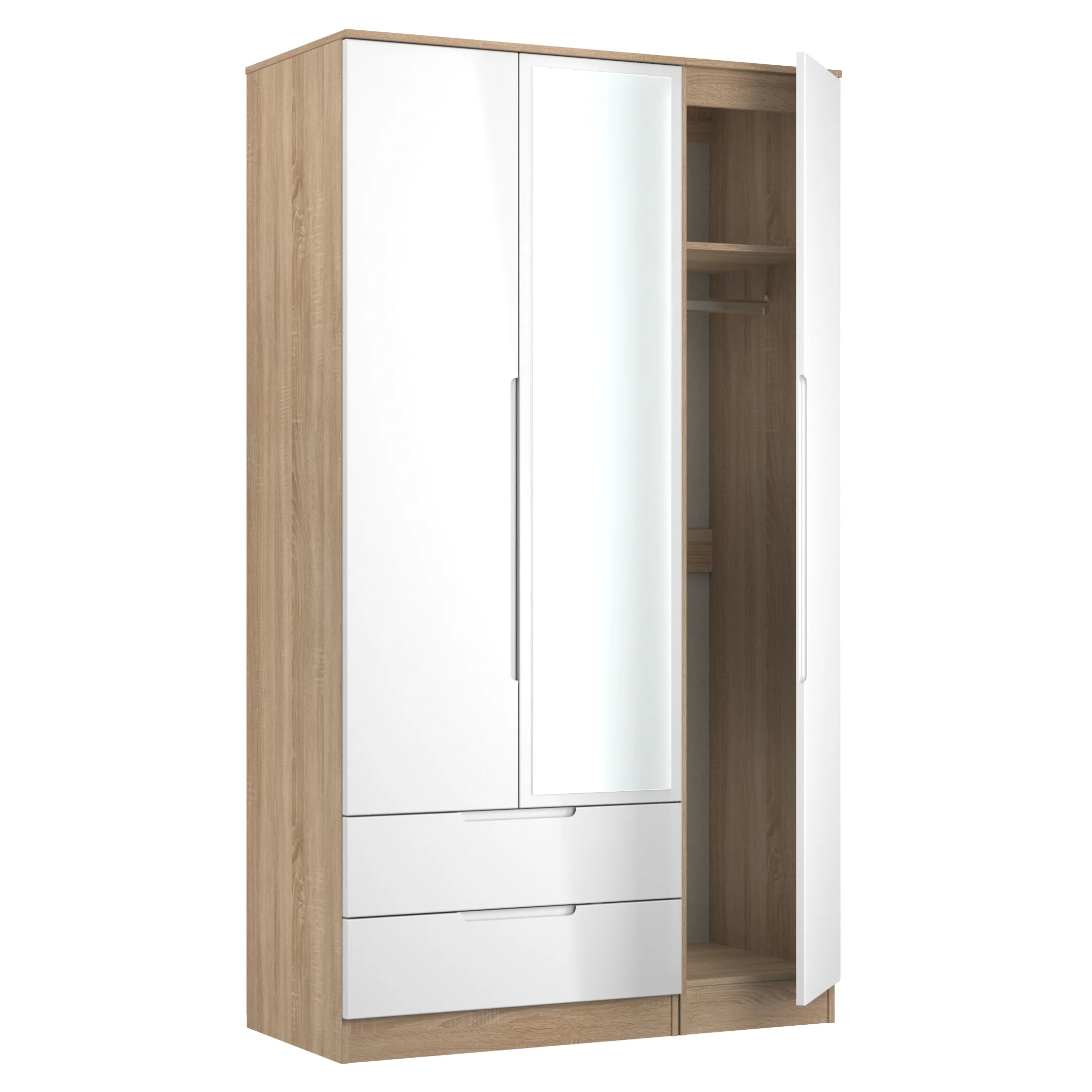 Milan Tall 2 Drawer Tiple Mirror Wardrobe in White Gloss & Bardolino Oak - Ready Assembled - Image 7